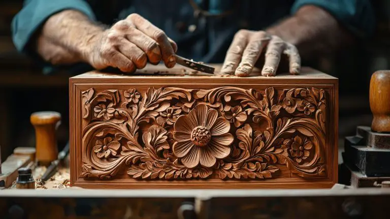 Artisan carving intricate floral design on wooden box.