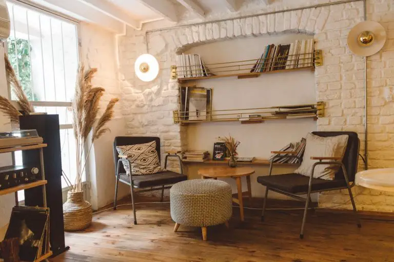 Cozy living room with two chairs and bookshelves.