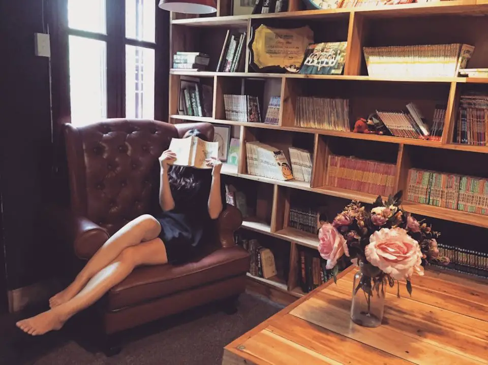 Person reading book in cozy library corner