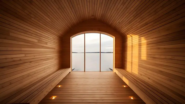 Wooden sauna with lake view through large window.
