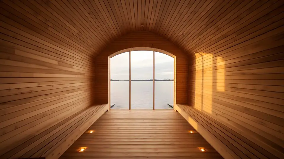 Wooden sauna with lake view through large window.