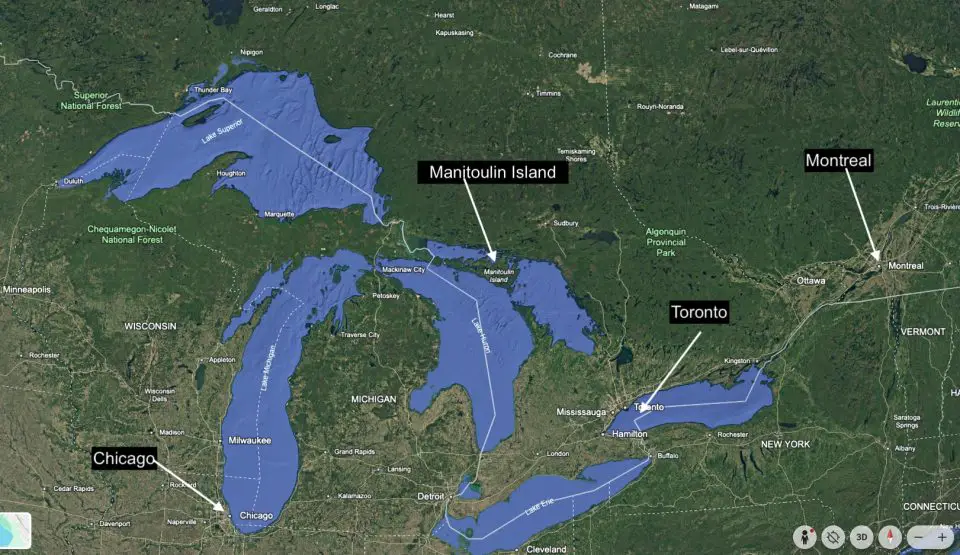 Map highlighting Great Lakes and Canadian cities.