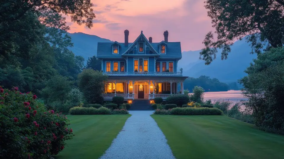 Charming blue Victorian house at sunset by lake.
