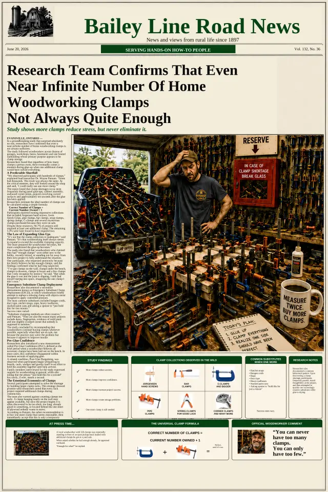 Woodworking clamps article with humorous shortage context.