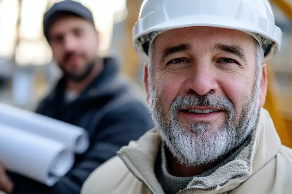 Smiling construction workers with blueprints on site.