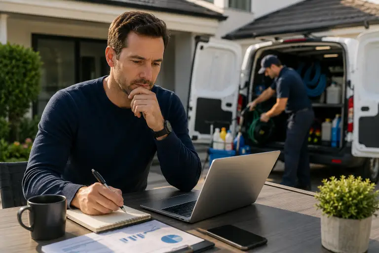 Man working at laptop outside van workplace