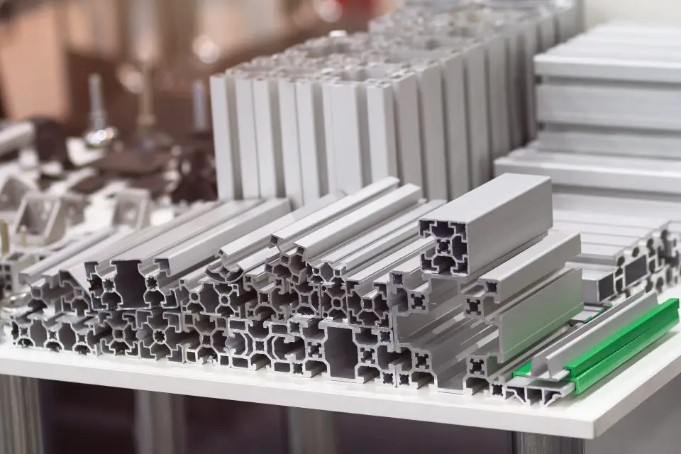 Stack of aluminum extrusion profiles on display.