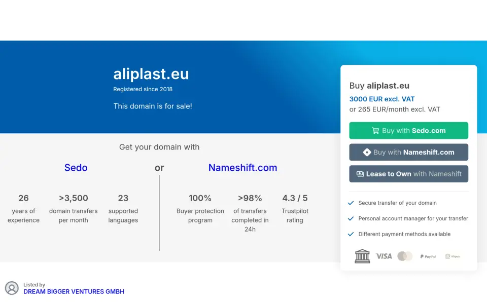 aliplast.eu domain for sale with purchase options.