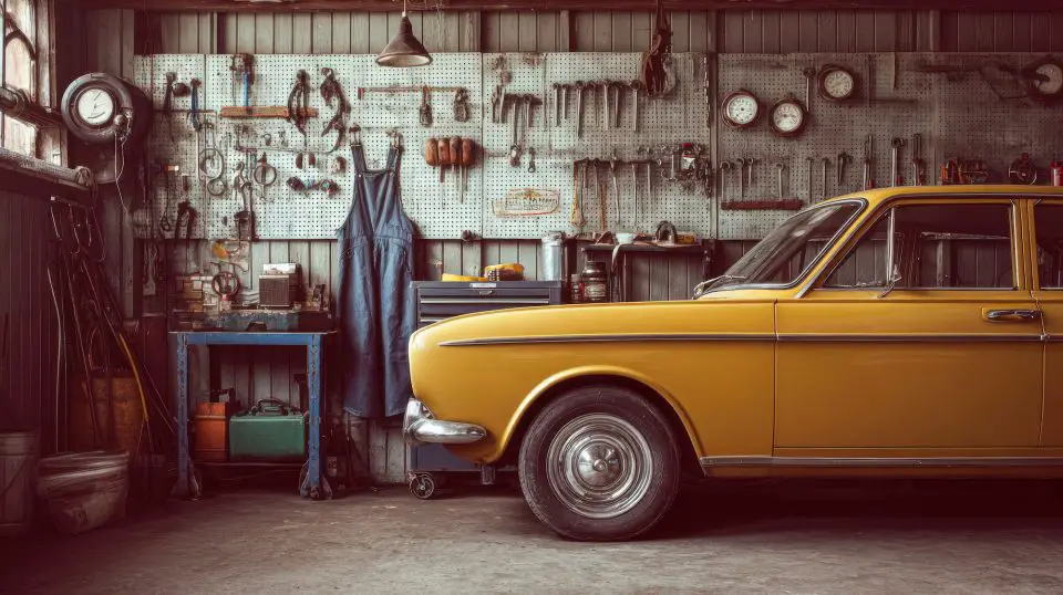 Vintage yellow car in a rustic garage workshop.