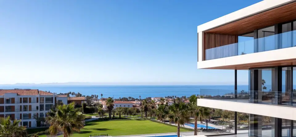 Modern seaside resort with ocean view balconies.