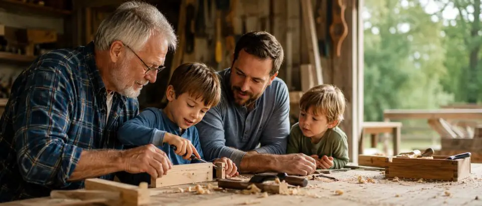 Family woodworking together in a rustic workshop.