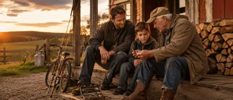 Generations bonding on a rustic porch at sunset.