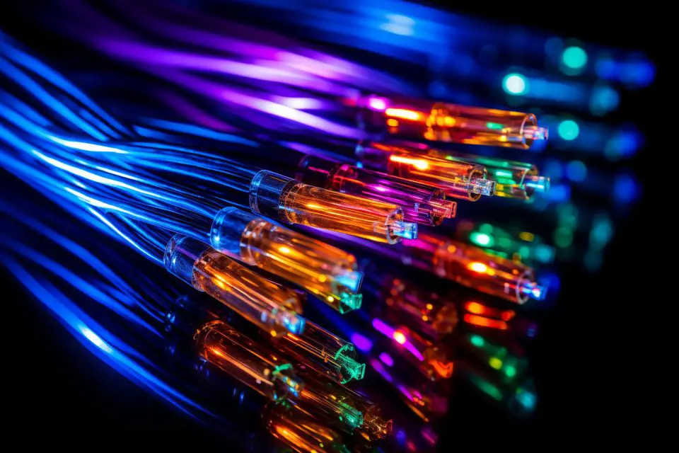 Close-up of colourful fibre optic cables.