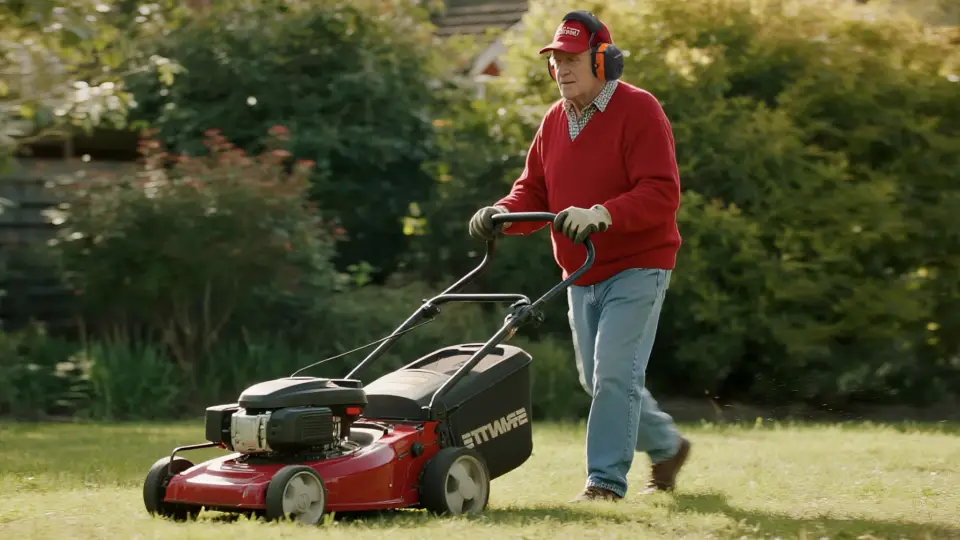 Man mowing lawn with red lawnmower.