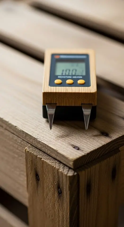 Wood moisture meter on wooden surface