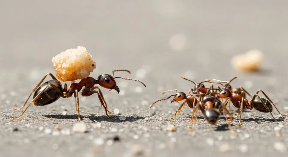 Ants carrying food on sandy ground.