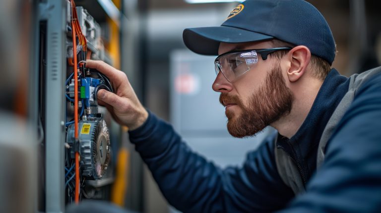 Technician working on electrical panel with tools.