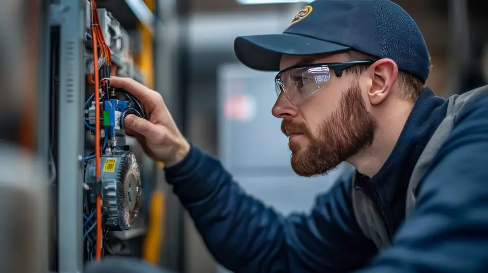Technician working on electrical panel with tools.
