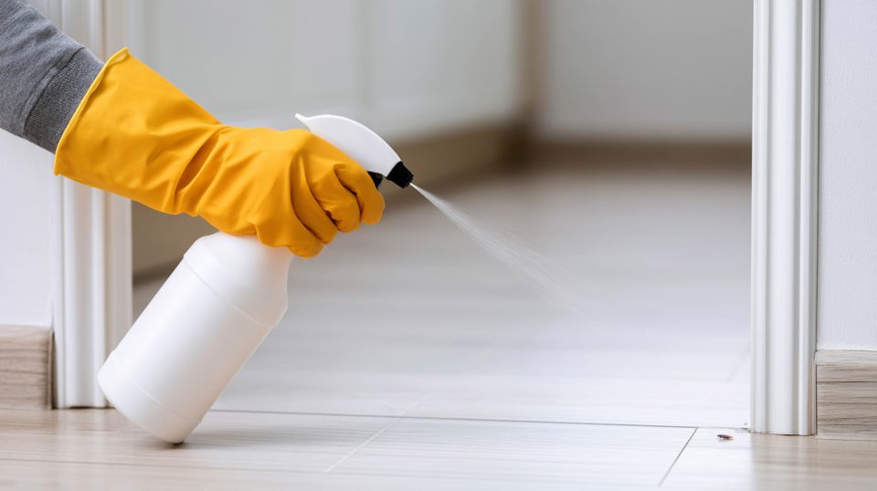 Spraying insecticide on floor near wall