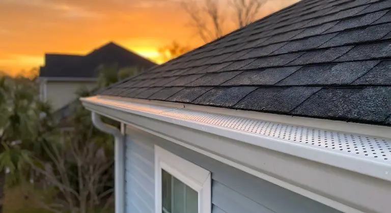 House roof with gutter during sunset