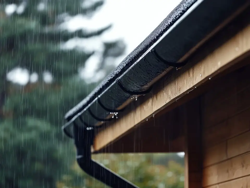 Rain falling on house's black gutter