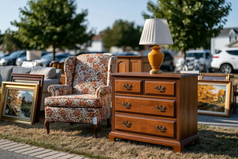 Outdoor vintage furniture and art sale display.