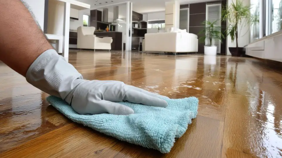 Gloved hand cleaning wooden floor with cloth.