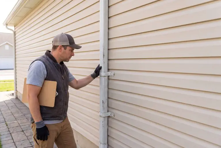 Inspector examining siding of house