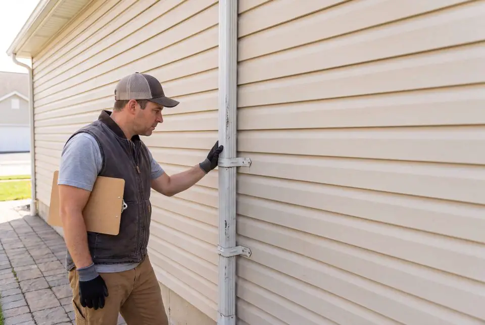Inspector examining siding of house