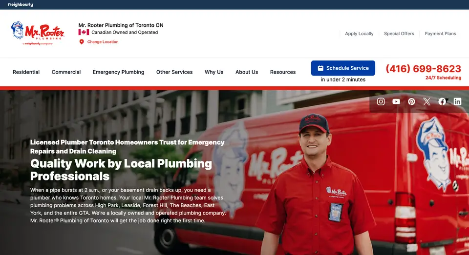 Mr. Rooter Plumbing professional and truck in Toronto.