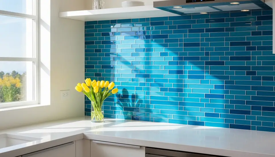 Sunny kitchen with blue tile backsplash and tulips.