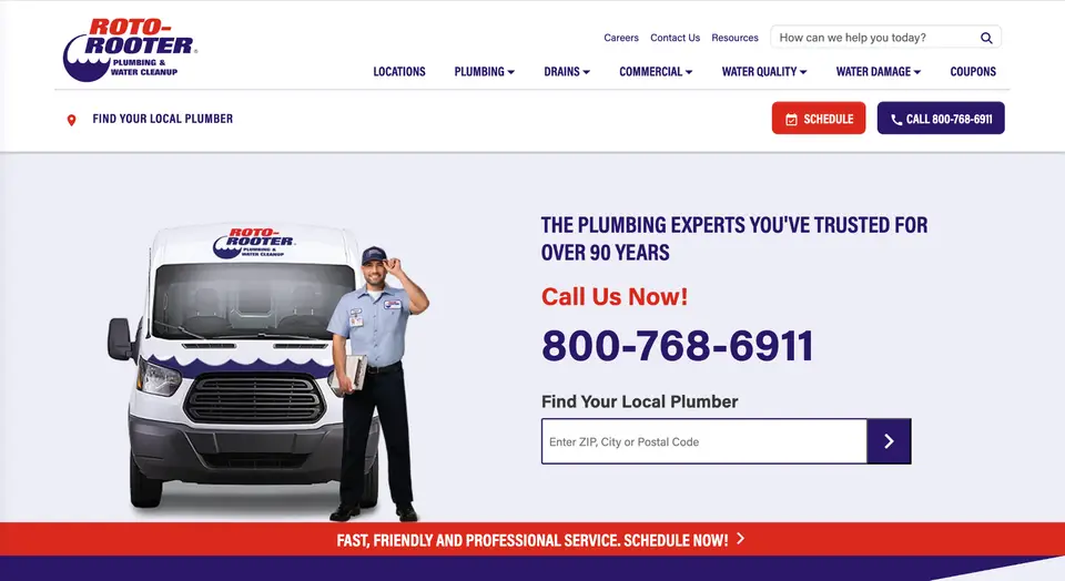 Roto-Rooter plumbing van and technician ready to help.