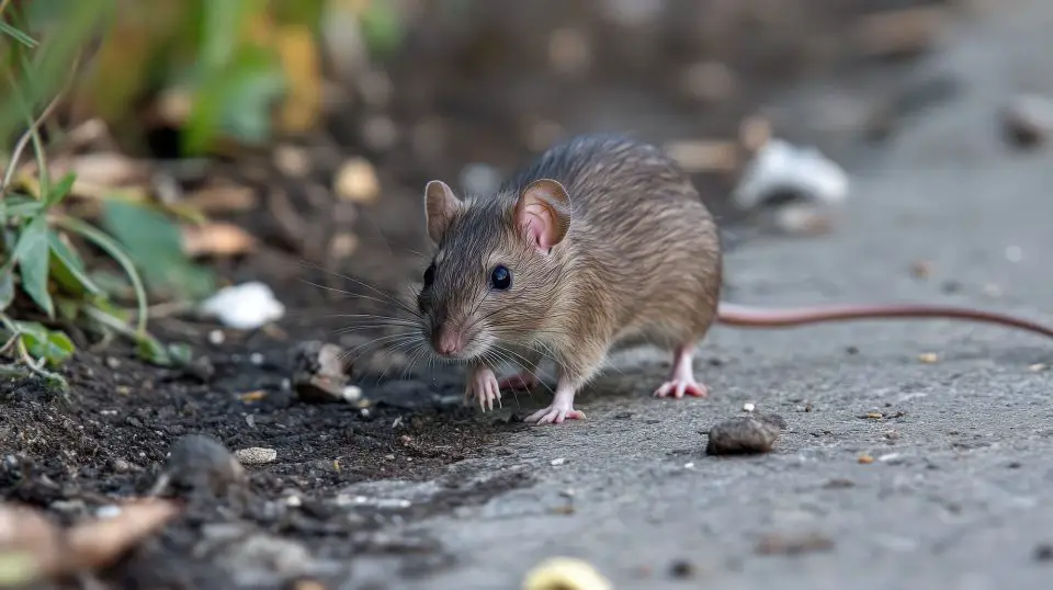 Brown rat walking on concrete path.