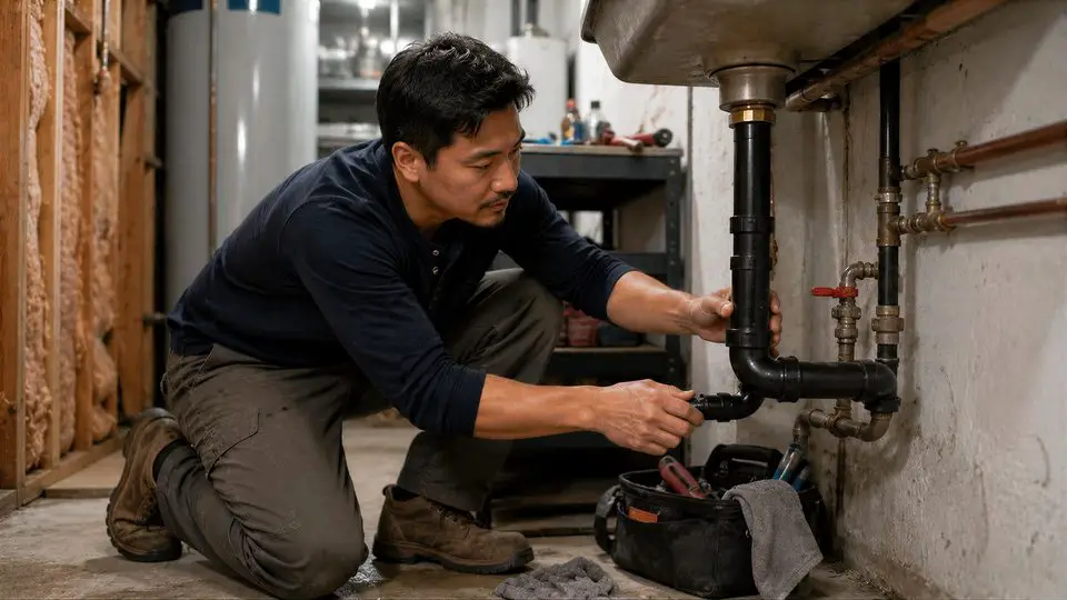 Plumber fixing pipes under sink in basement.