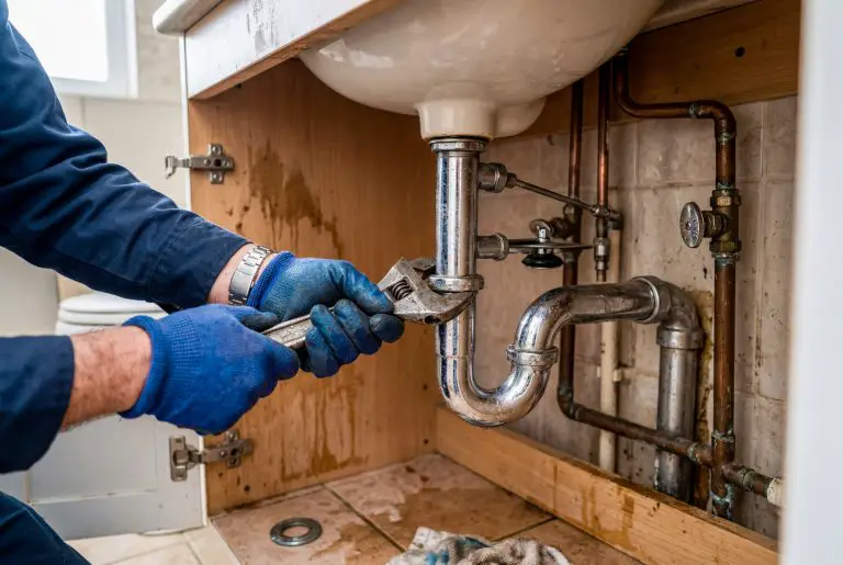 Plumber repairing sink pipe with wrench.