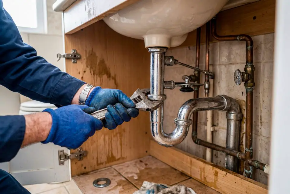 Plumber repairing sink pipe with wrench.
