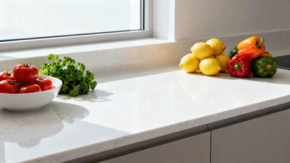Fresh vegetables and fruits on a kitchen counter.