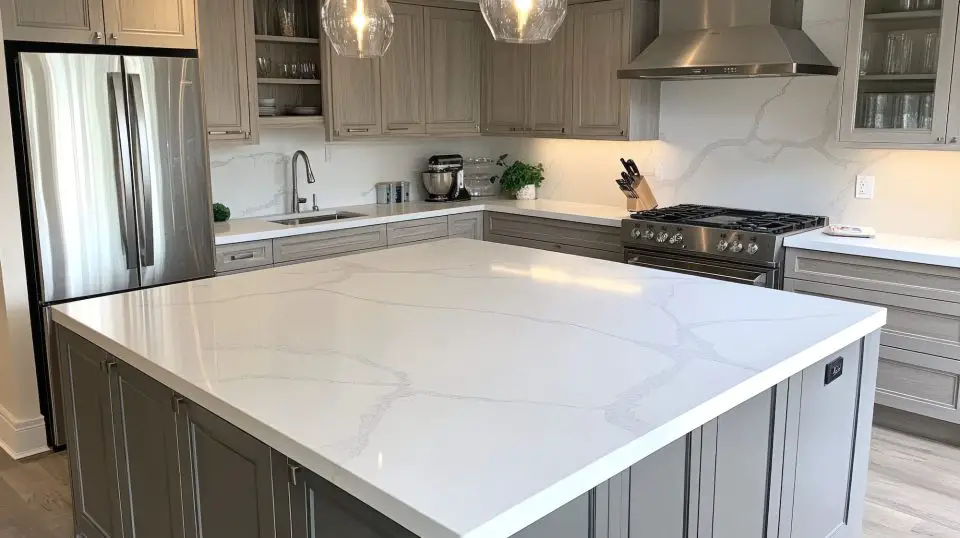 Modern kitchen with large marble island