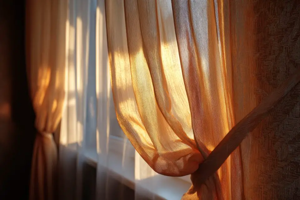 Sunlight through sheer orange curtains.