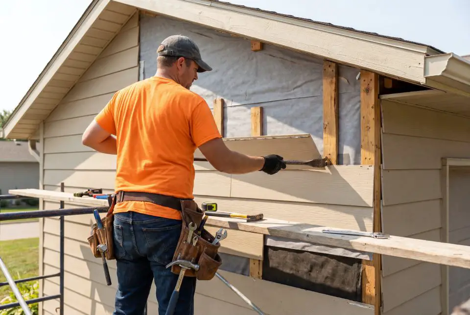 Worker installing exterior house siding