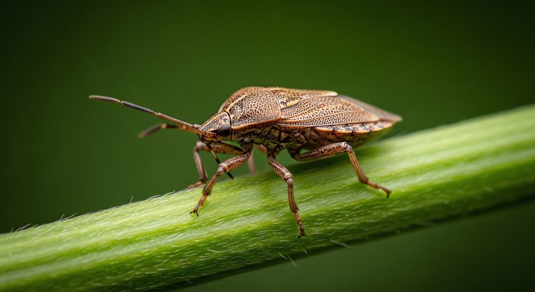 Close-up of a brown beetle on green stem.