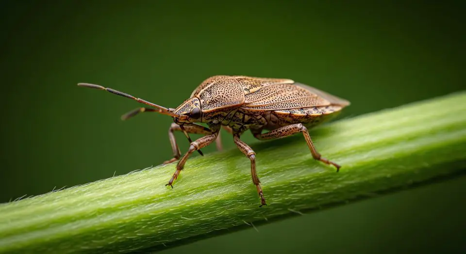 Close-up of a brown beetle on green stem.
