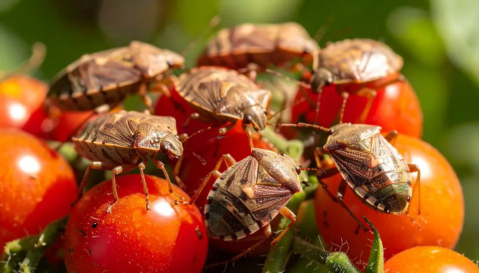 Stink bugs on ripe red cherry tomatoes outdoors.