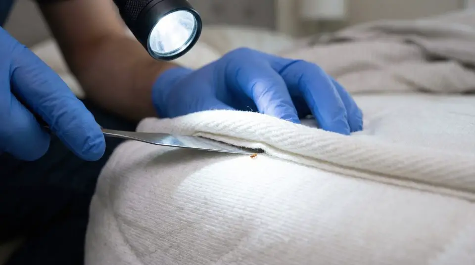 Inspecting mattress for bed bugs with flashlight