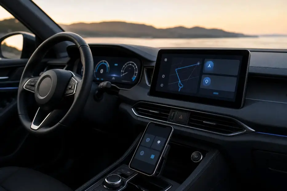 Car dashboard with GPS navigation screen.