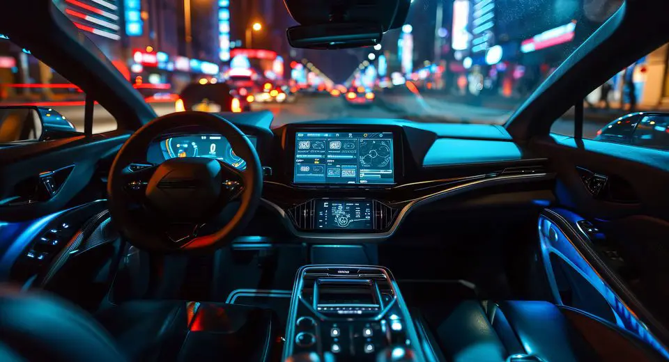 Futuristic car interior with illuminated dashboard at night.