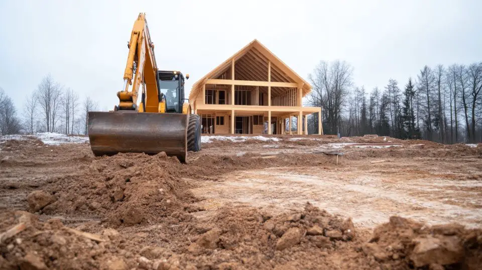 Excavator and wooden house under construction