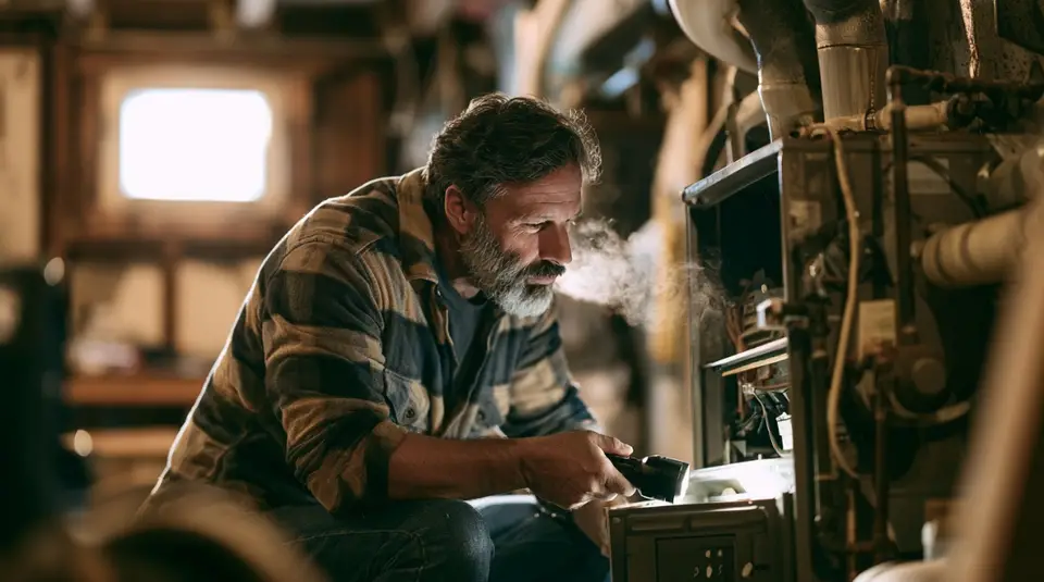 Man inspecting industrial equipment with flashlight.