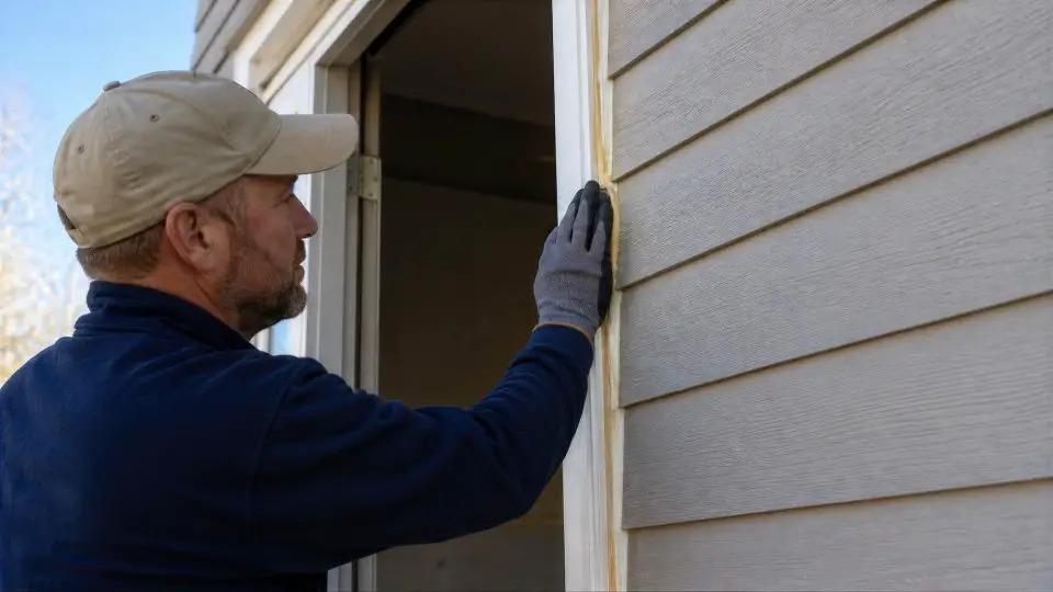 Worker applying sealant to exterior siding